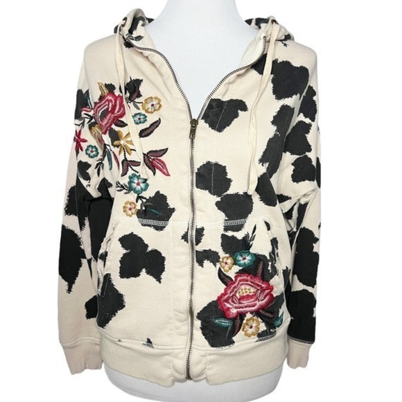 CAITE Posie Cow Print Embroidered Floral Zip Front Hoodie Sweatshirt‎ Size Small - Picture 1 of 7
